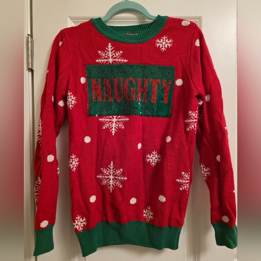 To Be Jolly Nice Naughty Sequin Christmas Sweater with Snowflakes Size M - Picture 2 of 4